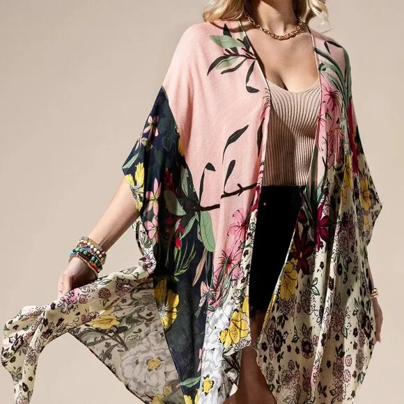 Floral Print Kimono Lightweight Boho Duster Airy Cardigan - Picture 4 of 8